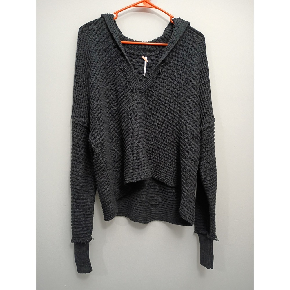 Free People Marlie Deep V Fringe Hooded Pullover Sweater Grey Black OB1332205 S